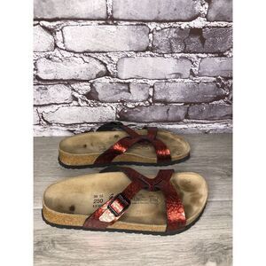 Birkenstock Birki’s Red Patent Leather Croc Cork Strap Sandals Women Sz 39EU/8US